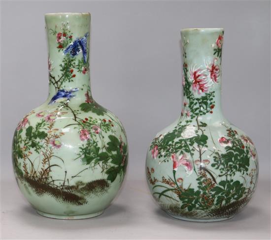 A pair of Chinese celadon and enamelled vases height 30.5cm